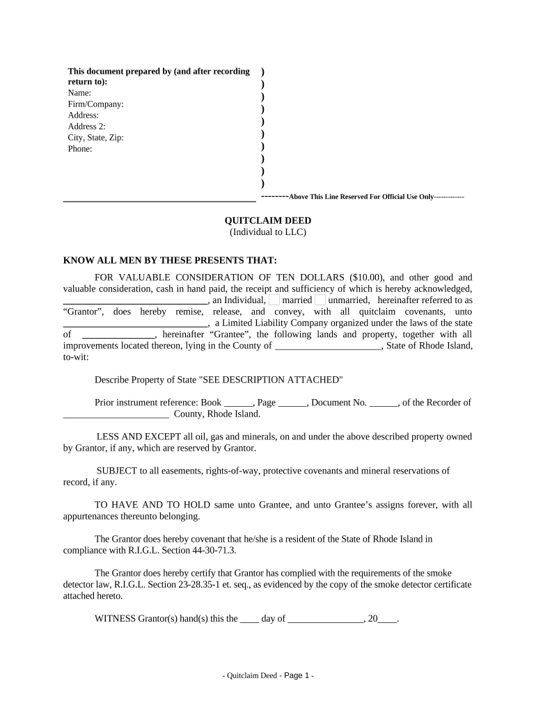 Quitclaim Deed from Individual to LLC Rhode Island  Form