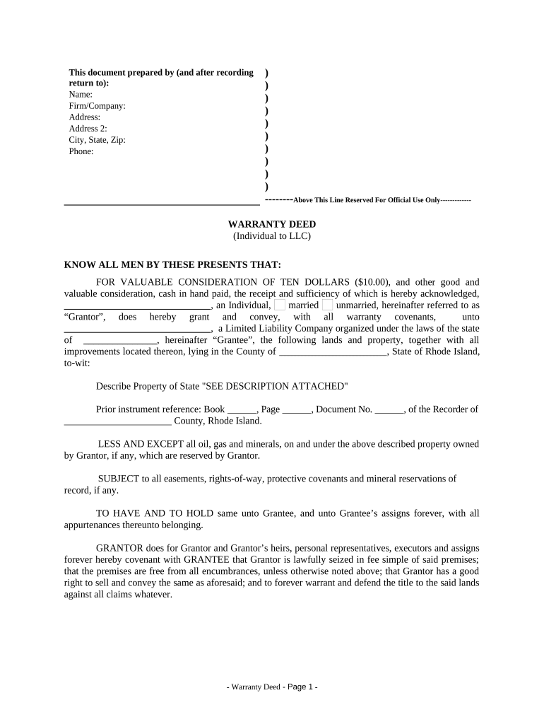 Warranty Deed from Individual to LLC Rhode Island  Form
