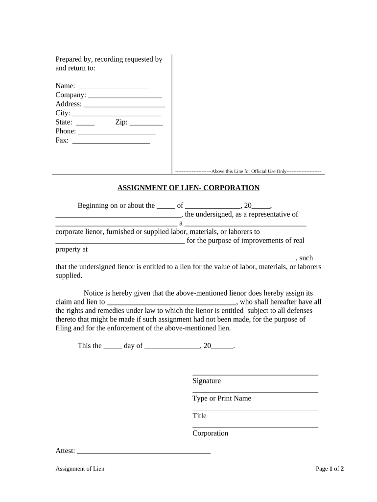 Assignment of Mechanic's Lien Corporation or LLC Rhode Island  Form