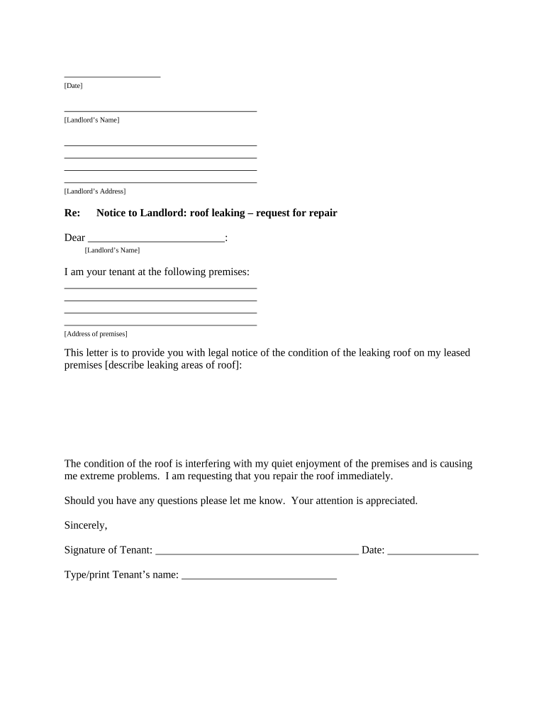 Letter from Tenant to Landlord Containing Notice that Premises Leaks during Rain and Demand for Repair Rhode Island  Form