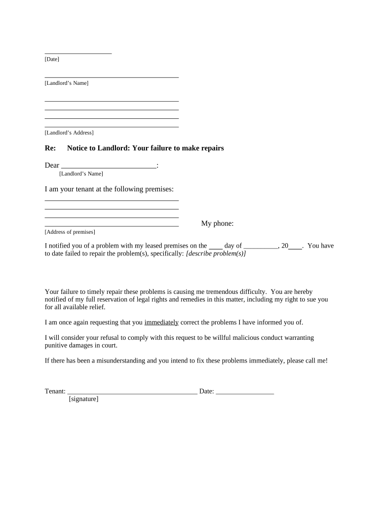 Letter from Tenant to Landlord About Landlord's Failure to Make Repairs Rhode Island  Form