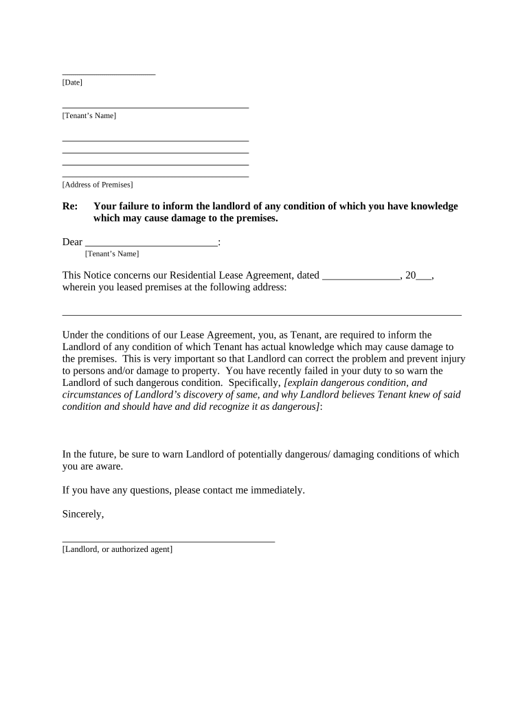 Letter from Landlord to Tenant as Notice to Tenant to Inform Landlord of Tenant's Knowledge of Condition Causing Damage to Premi