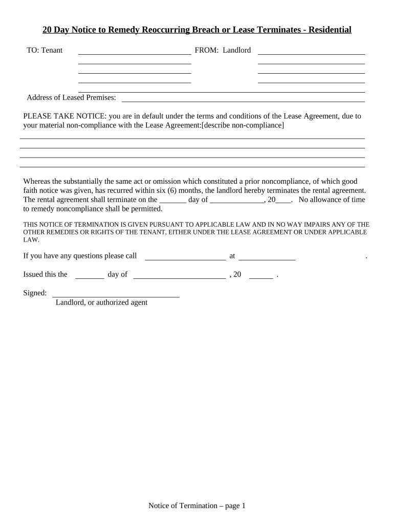 20 Day Notice to Remedy Reoccurring Breach or Lease Terminates for Residential Property Rhode Island  Form