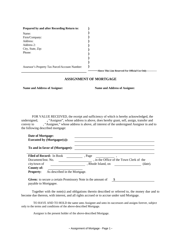 Assignment of Mortgage by Individual Mortgage Holder Rhode Island  Form