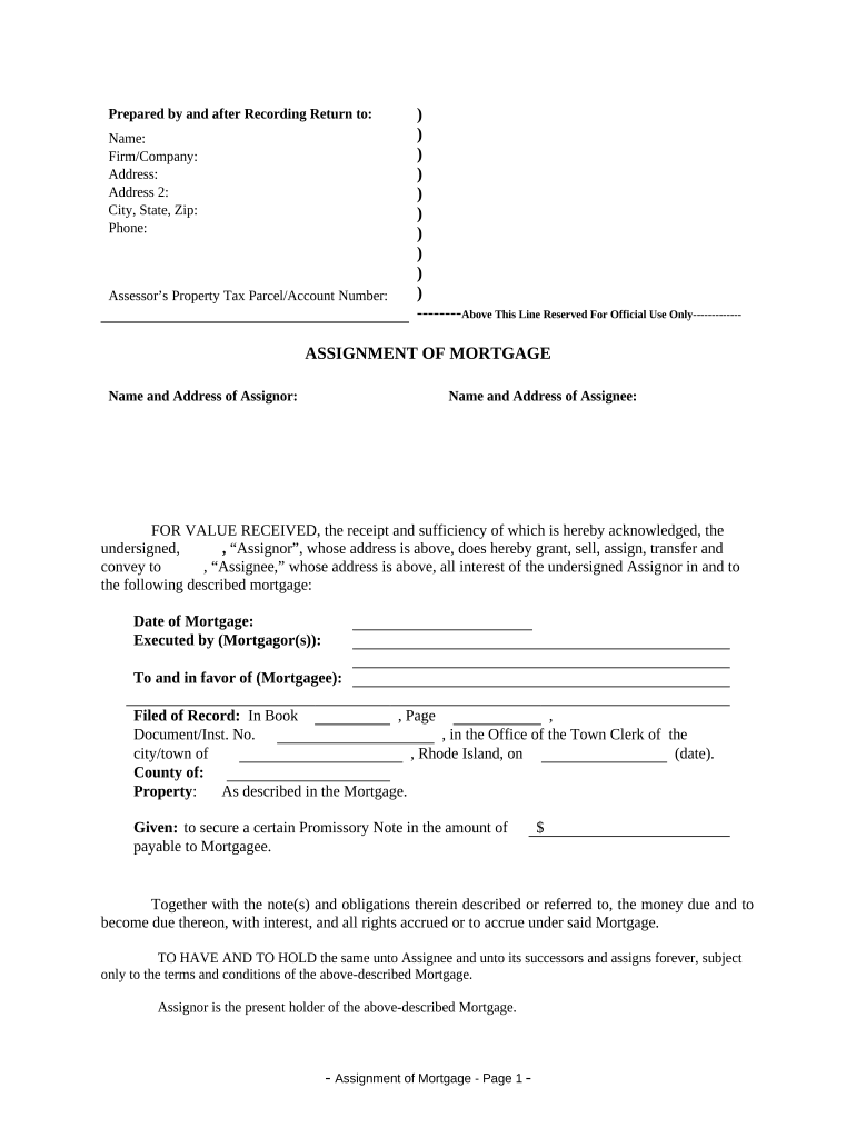 Assignment of Mortgage by Corporate Mortgage Holder Rhode Island  Form