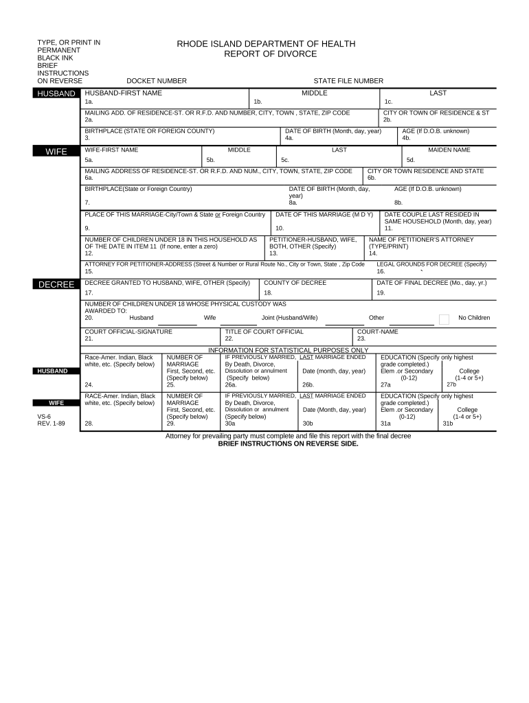 Rhode Island Department of Health Divorce Record Rhode Island  Form