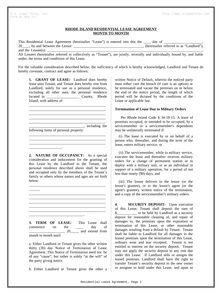 Residential Lease or Rental Agreement for Month to Month Rhode Island  Form