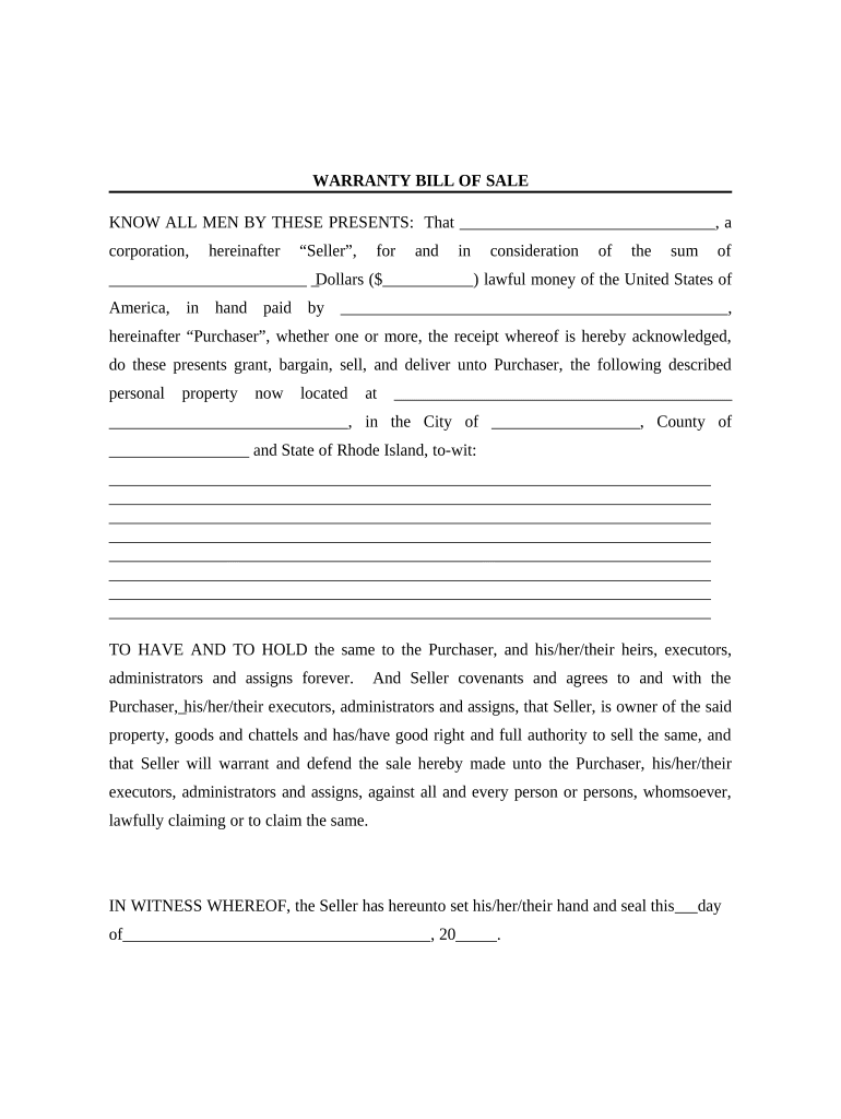 Bill of Sale with Warranty for Corporate Seller Rhode Island  Form