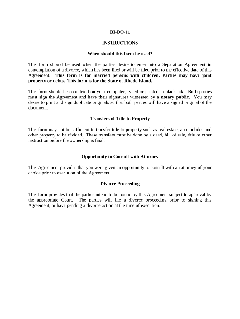 Marital Domestic Separation and Property Settlement Agreement Minor Children Parties May Have Joint Property or Debts Where Divo  Form