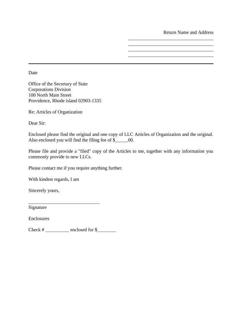 Sample Cover Letter for Filing of LLC Articles or Certificate with Secretary of State Rhode Island  Form