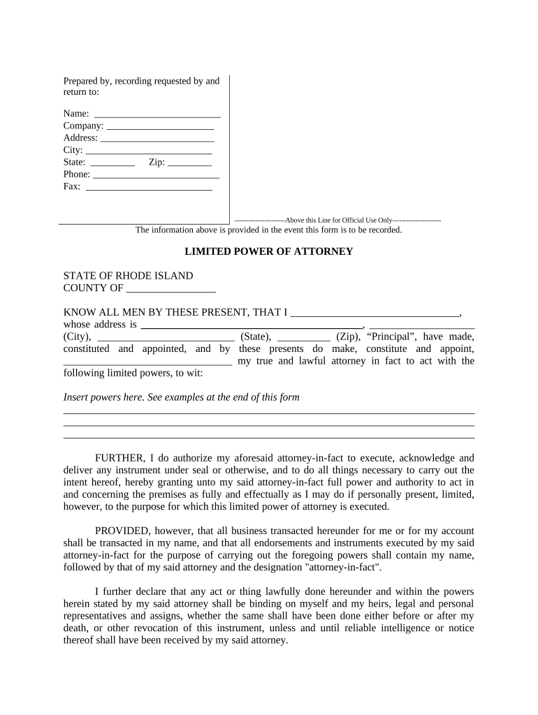 Limited Power of Attorney Where You Specify Powers with Sample Powers Included Rhode Island  Form