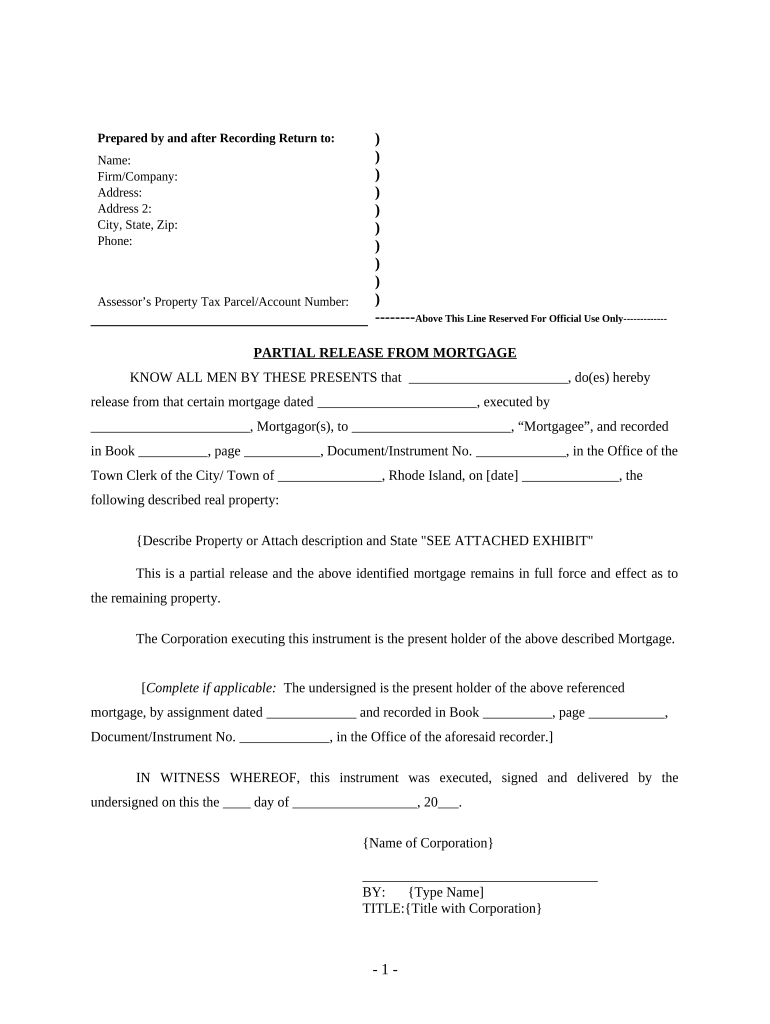 Partial Release of Property from Mortgage for Corporation Rhode Island  Form