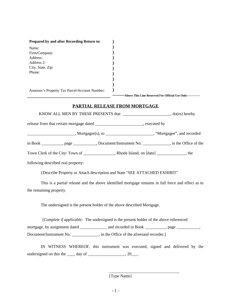 Partial Release of Property from Mortgage by Individual Holder Rhode Island  Form