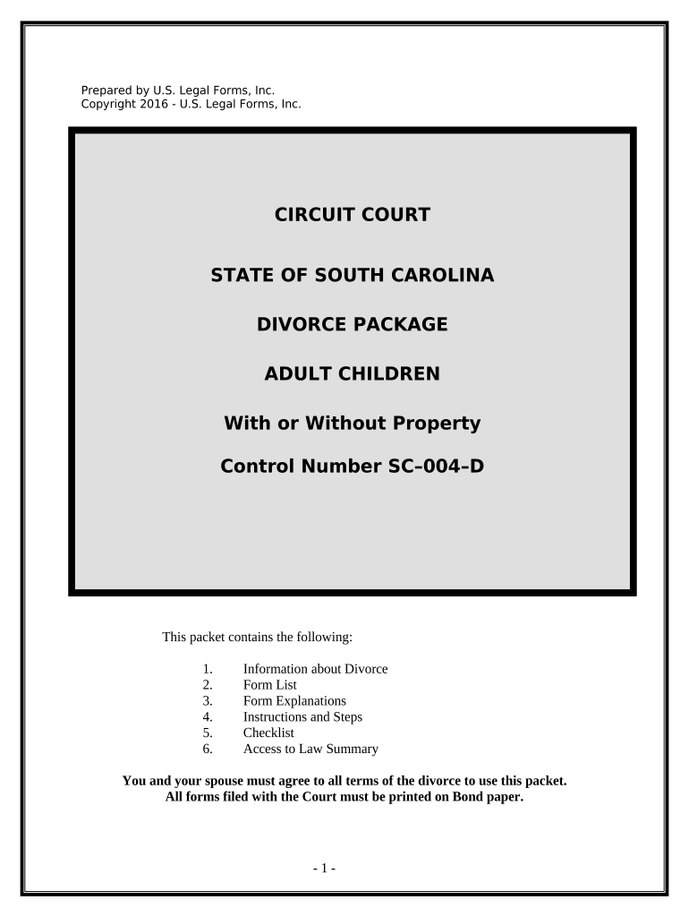 No Fault Uncontested Agreed Divorce Package for Dissolution of Marriage with Adult Children and with or Without Property and Deb  Form