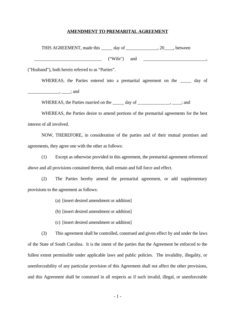 Amendment to Prenuptial or Premarital Agreement South Carolina  Form