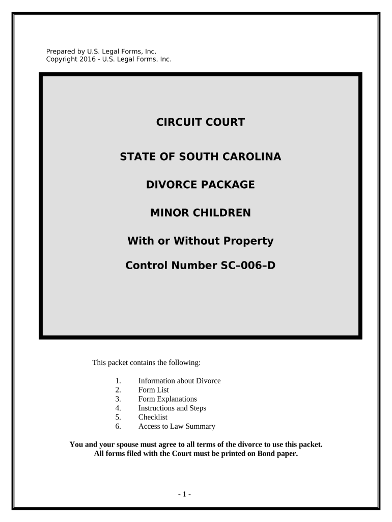 No Fault Agreed Uncontested Divorce Package for Dissolution of Marriage for People with Minor Children South Carolina  Form