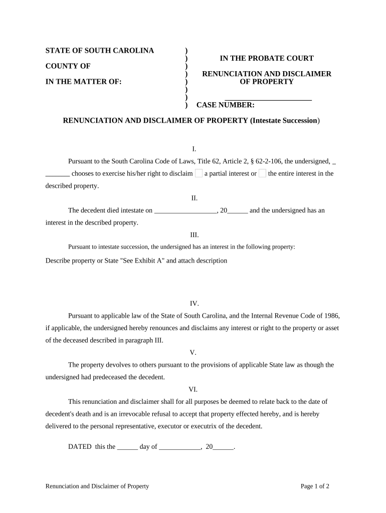 Renunciation and Disclaimer of Property Received by Intestate Succession South Carolina  Form