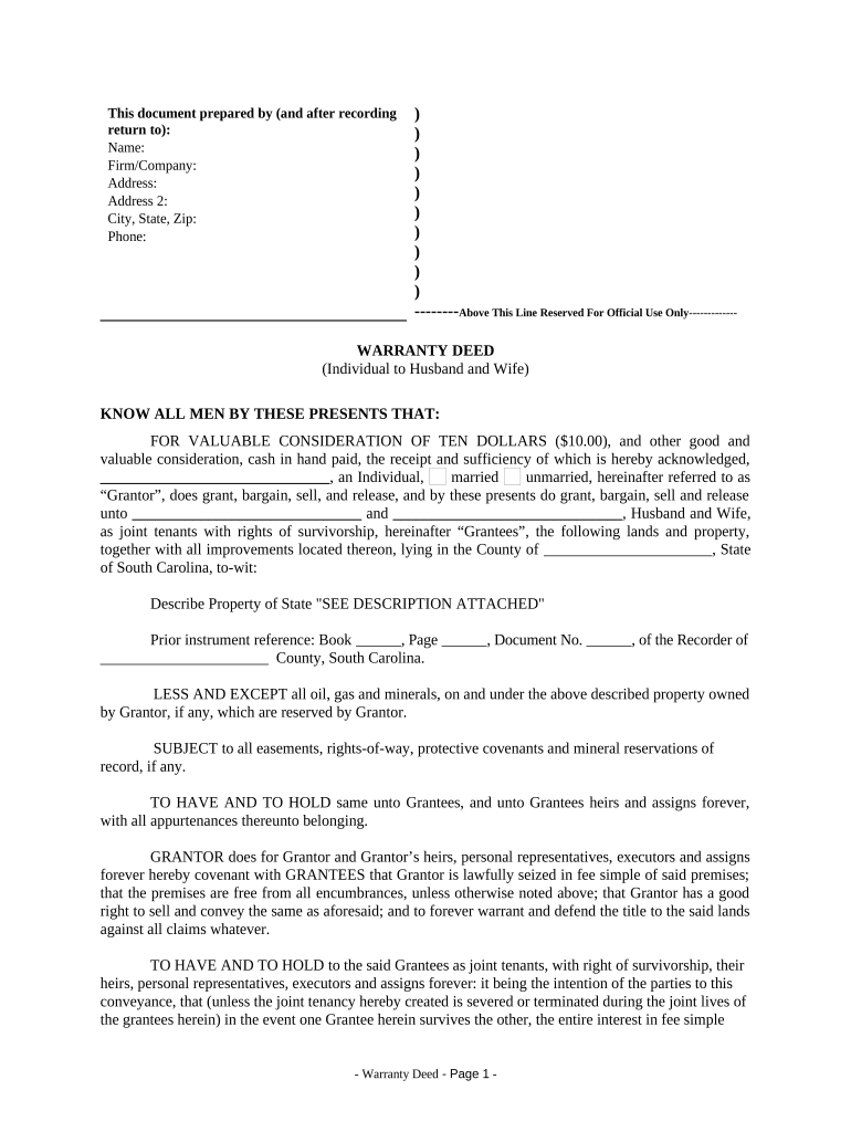 Warranty Deed from Individual to Husband and Wife South Carolina  Form