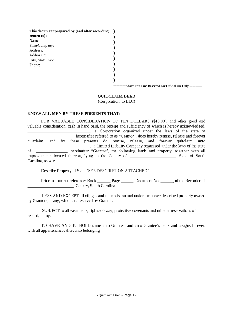 Quitclaim Deed from Corporation to LLC South Carolina  Form