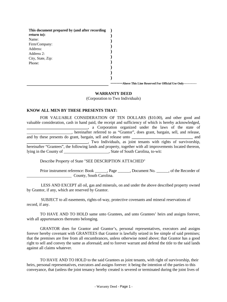 Warranty Deed from Corporation to Two Individuals South Carolina  Form