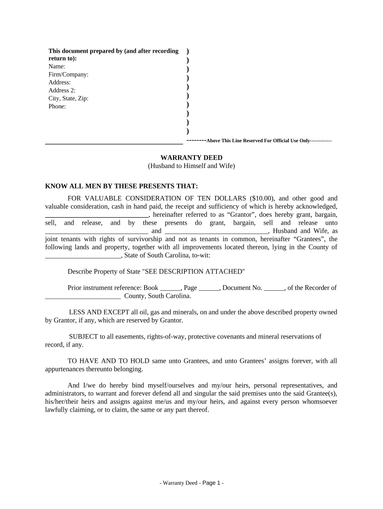 Warranty Deed from Husband to Himself and Wife South Carolina  Form