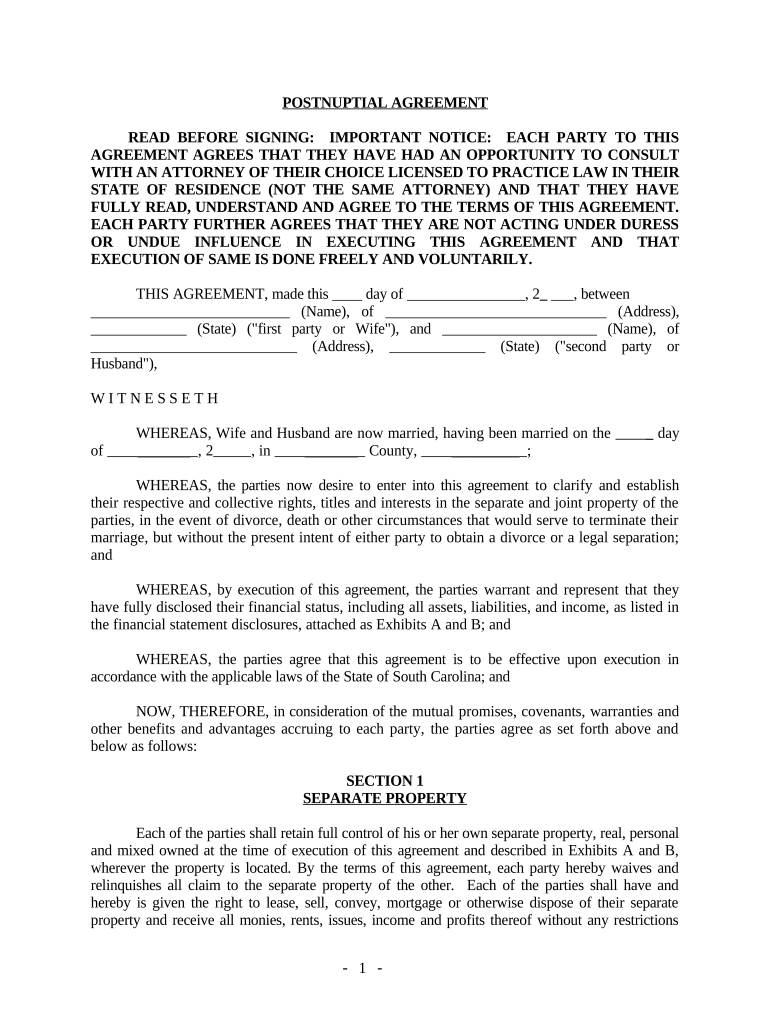 Postnuptial Property Agreement South Carolina South Carolina Form