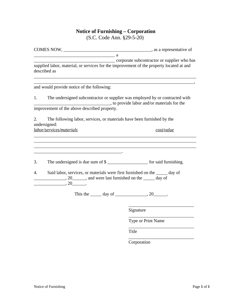 Notice of Furnishing by Corporation or LLC South Carolina  Form
