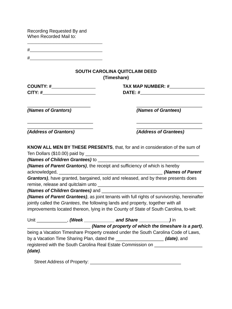 Deed of an Interest to Time Share from Parents to Children South Carolina  Form