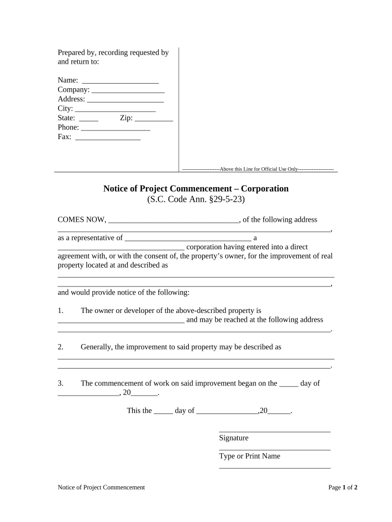 Notice of Commencement Corporation or LLC South Carolina  Form