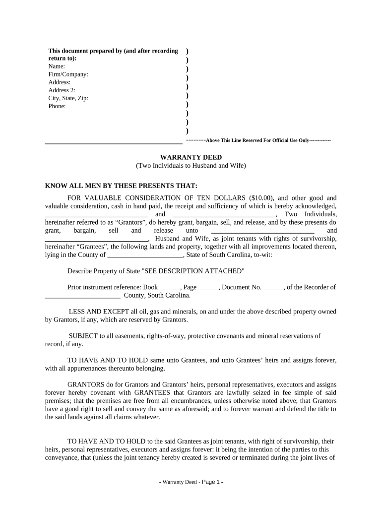 Warranty Deed from Two Individuals to Husband and Wife South Carolina  Form