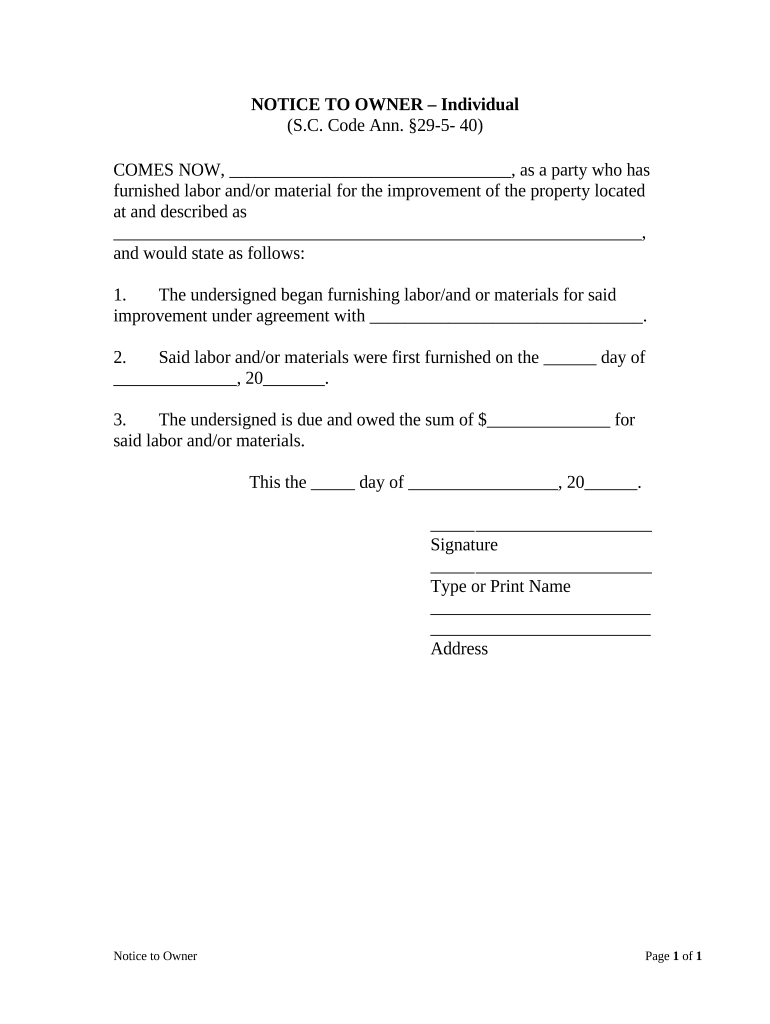 South Carolina Owner  Form