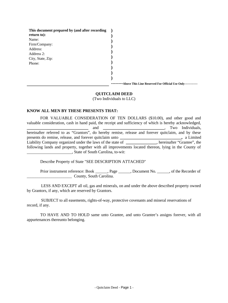 Quitclaim Deed by Two Individuals to LLC South Carolina  Form