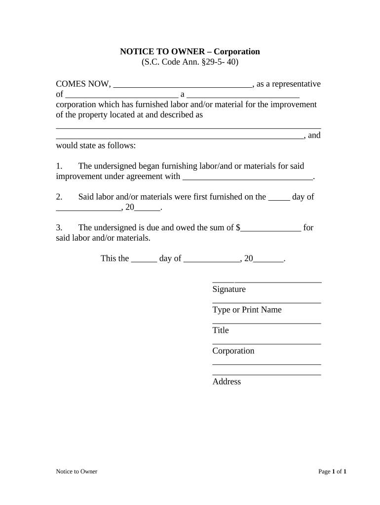 Notice to Owner by Corporation or LLC South Carolina  Form