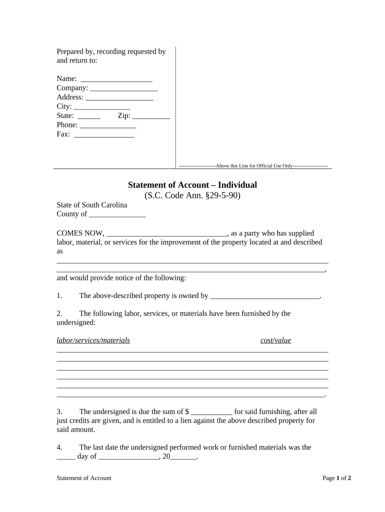 Statement of Account Individual South Carolina  Form