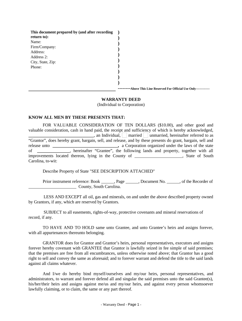 Warranty Deed from Individual to Corporation South Carolina  Form