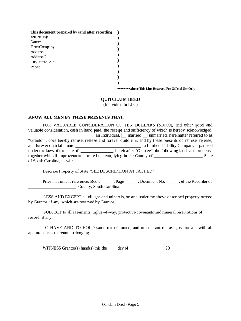 Quitclaim Deed from Individual to LLC South Carolina  Form