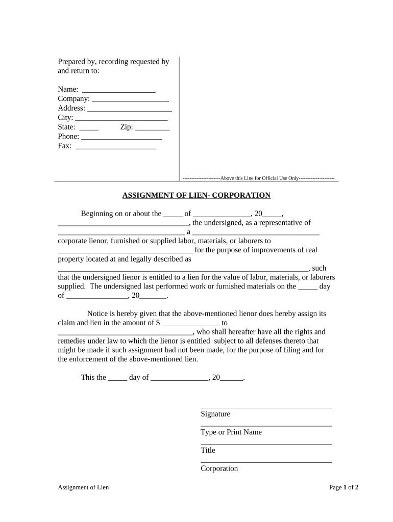 Assignment of Claim of Lien Corporation or LLC South Carolina  Form