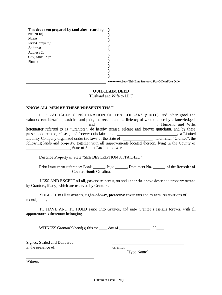 Quitclaim Deed from Husband and Wife to LLC South Carolina  Form