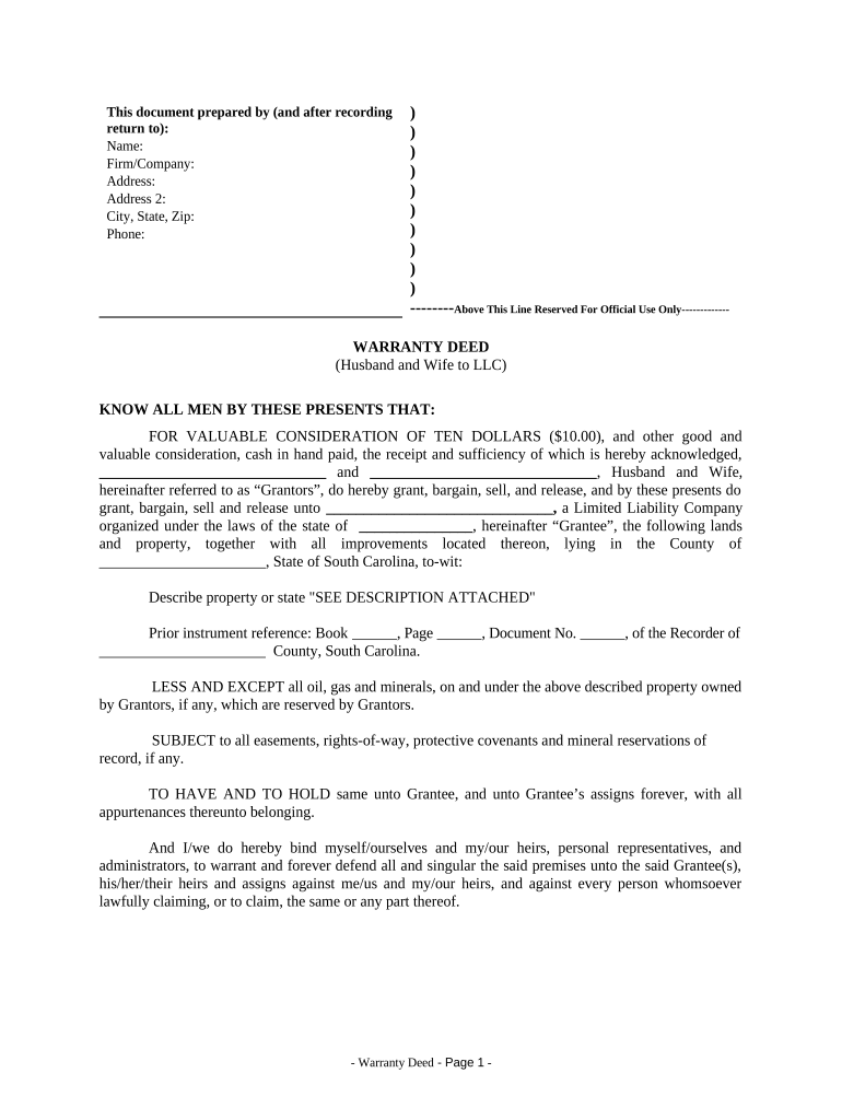 Warranty Deed from Husband and Wife to LLC South Carolina  Form