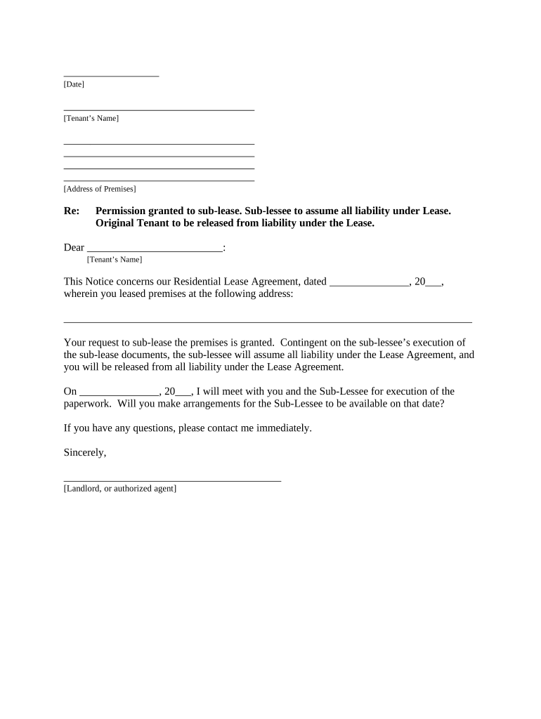 Letter from Landlord to Tenant that Sublease Granted Rent Paid by Subtenant, Old Tenant Released from Liability for Rent South C  Form