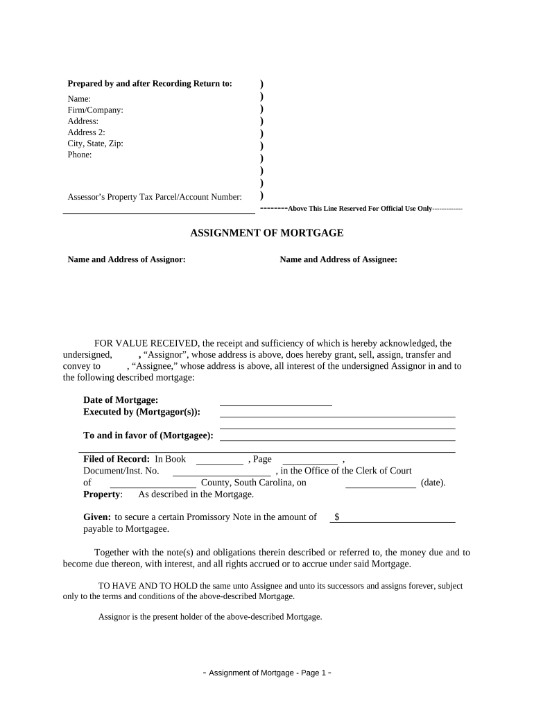 Assignment of Mortgage by Individual Mortgage Holder South Carolina  Form