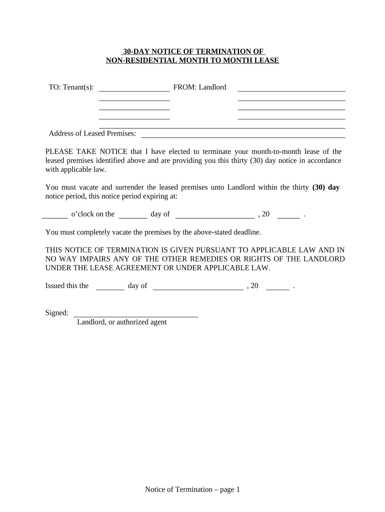 30 Day Notice to Terminate Month to Month Lease for Nonresidential from Landlord to Tenant South Carolina  Form