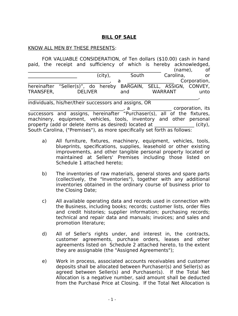 Bill of Sale in Connection with Sale of Business by Individual or Corporate Seller South Carolina  Form