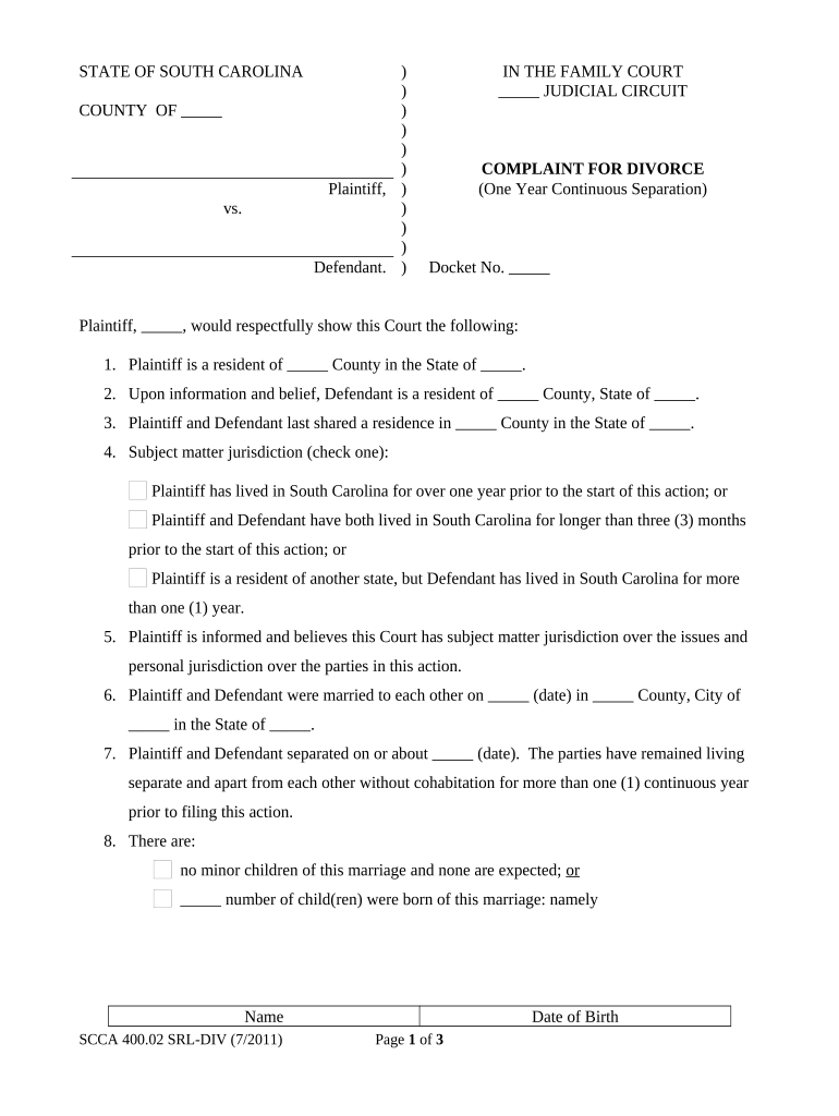 South Carolina Divorce  Form