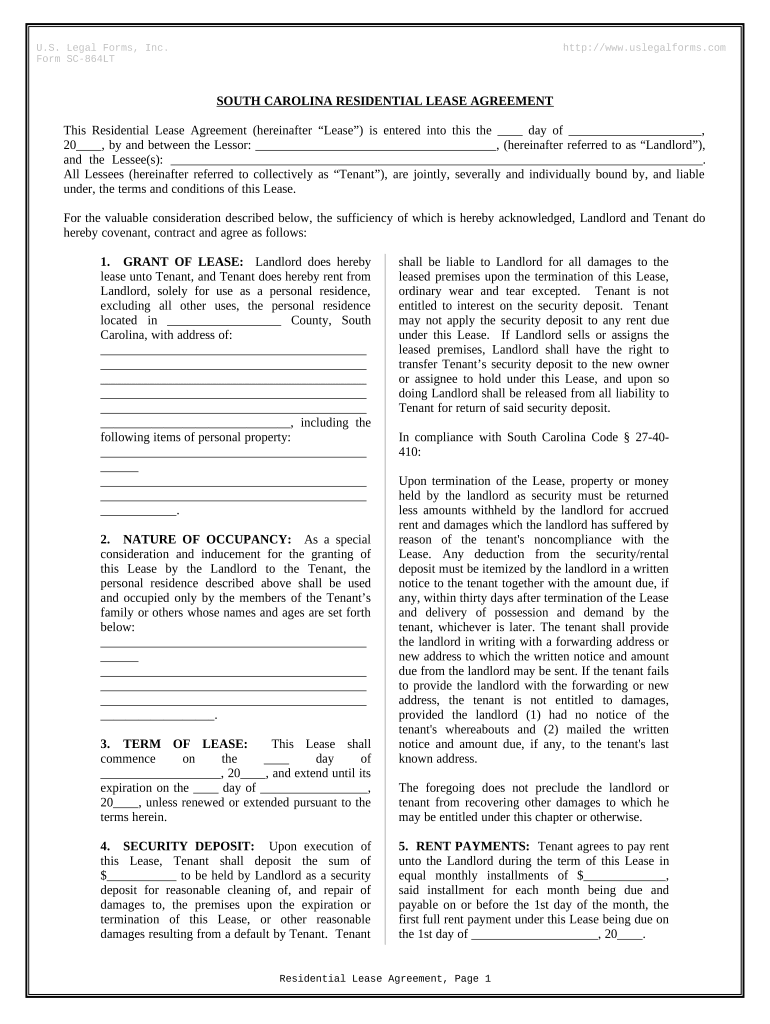 Residential Rental Lease Agreement South Carolina  Form