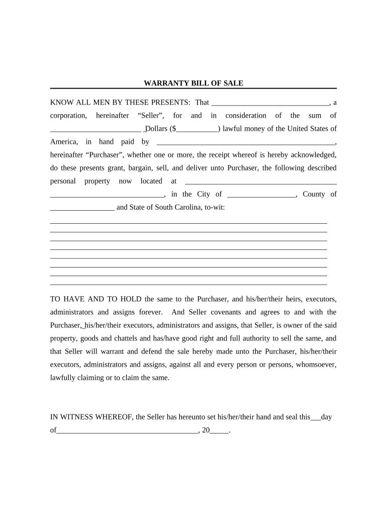 Bill of Sale with Warranty for Corporate Seller South Carolina  Form