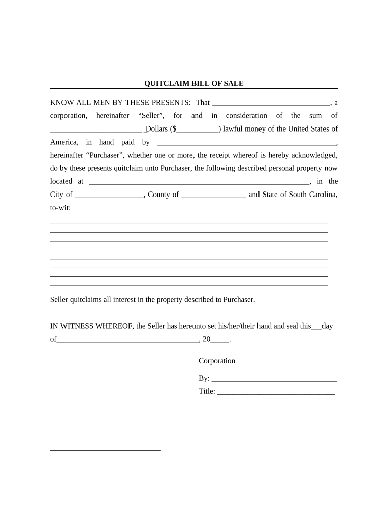Bill of Sale Without Warranty by Corporate Seller South Carolina  Form