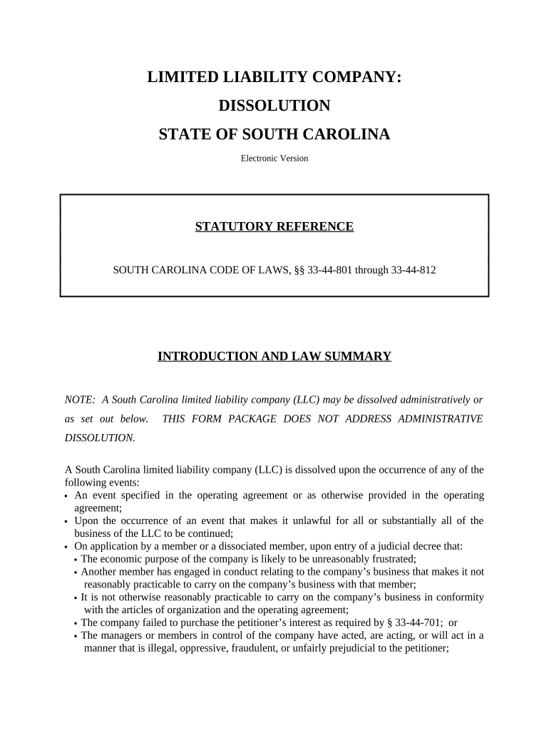 South Carolina Dissolution Package to Dissolve Limited Liability Company LLC South Carolina  Form