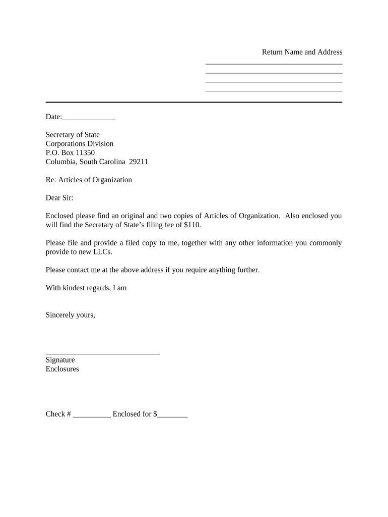 Sample Cover Letter for Filing of LLC Articles or Certificate with Secretary of State South Carolina  Form