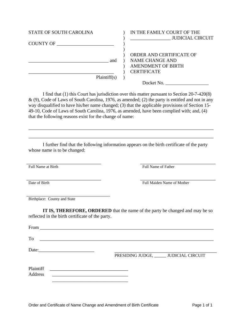 South Carolina Name Change  Form